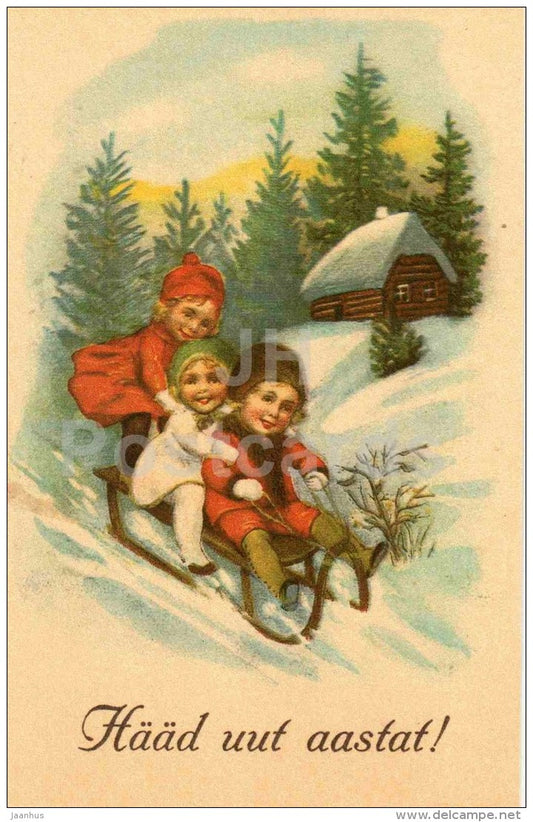 New Year Greeting Card - children - sledge - house - REPRODUCTION ! - 1988 - Estonia USSR - unused - JH Postcards