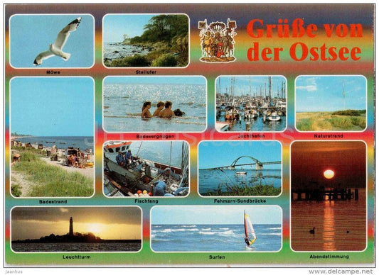 Grüsse von der Ostsee - strand - möwe - surfen - hafen - beach - gull - surfing - port - 774 - Germany - gelaufen - JH Postcards