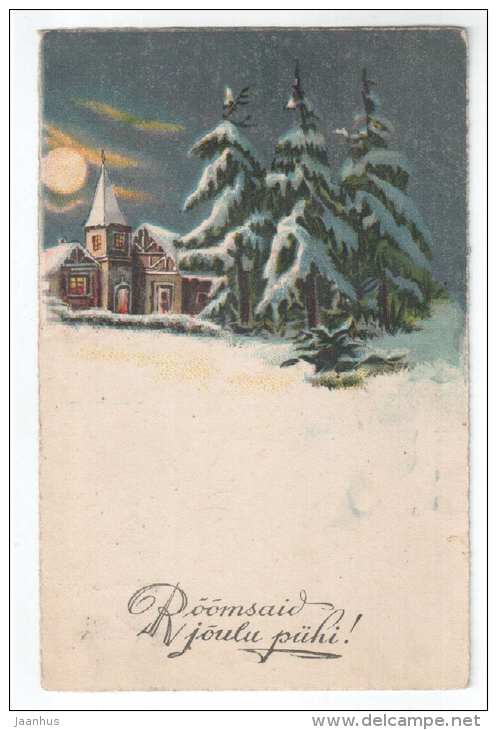 Christmas Greeting Card - church - winter - moon - 411 - old postcard - circulated in Estonia 1931 - used - JH Postcards