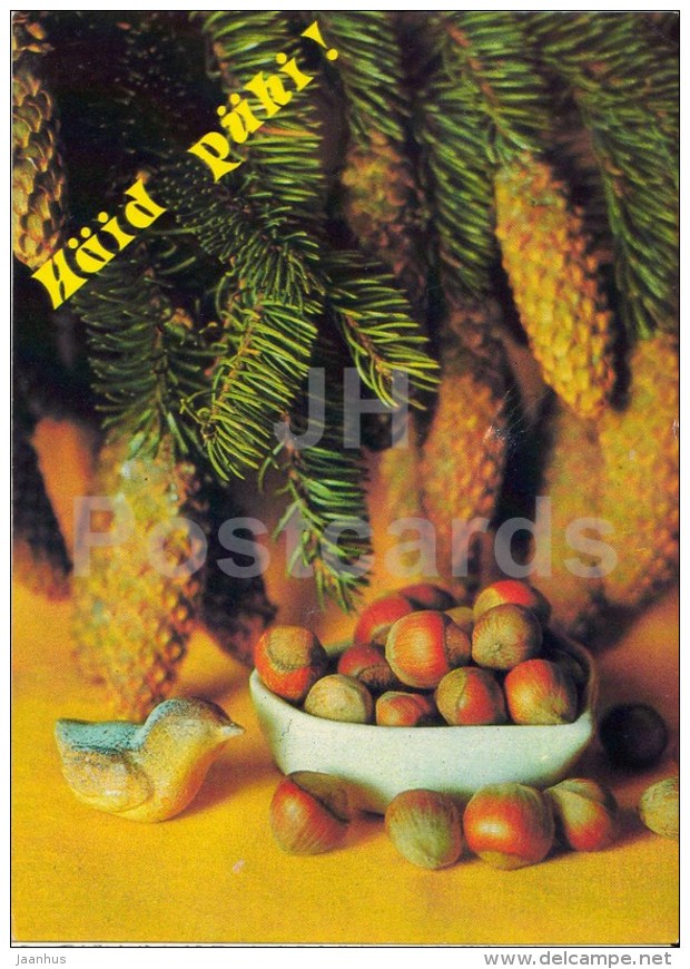 New Year Greeting card - cones - nuts - postal stationery - 1990 - Estonia USSR - used - JH Postcards