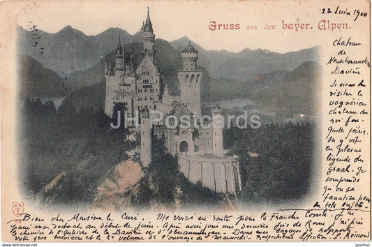 Gruss aus den Bayer Alpen - Neuschwanstein - 84 - old postcard - 1900 - Germany - used - JH Postcards