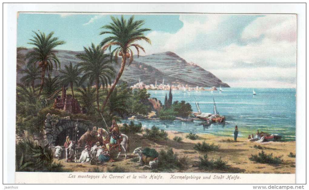 Les Montagnes de Carmel et la ville Haifa - horse - sailing boat - 4222 - old postcard - Israel - unused - JH Postcards