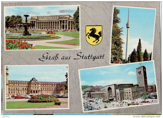 Gruss aus Stuttgart - Königsbau - Fernsehturm - Das neue Schloss - Hauptbahnhof - Germany - 1973 gelaufen - JH Postcards