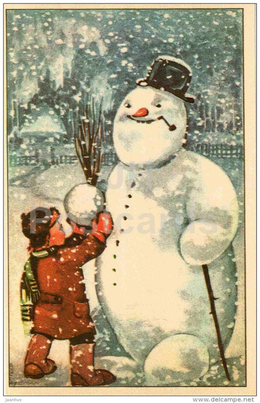 New Year Greeting Card - snowman - boy - pipe - REPRODUCTION ! - 1988 - Estonia USSR - unused - JH Postcards