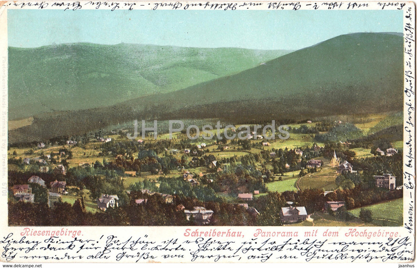 Riesengebirge - Schreiberhau - Panorama mit dem Hochgebirge - Sniezne Kotly - old postcard - Poland - used - JH Postcards