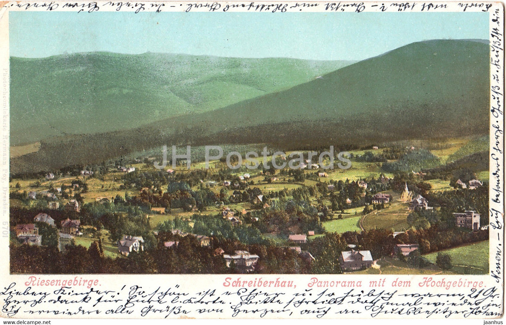 Riesengebirge - Schreiberhau - Panorama mit dem Hochgebirge - Sniezne Kotly - old postcard - Poland - used - JH Postcards