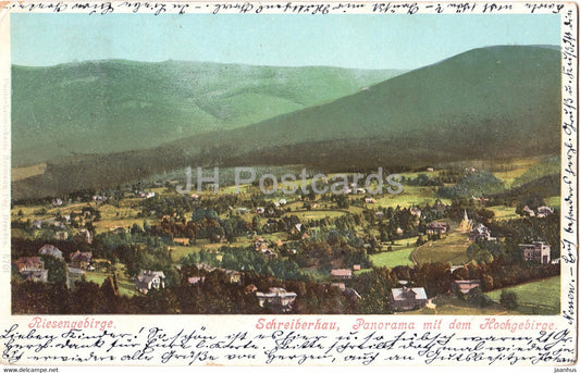 Riesengebirge - Schreiberhau - Panorama mit dem Hochgebirge - Sniezne Kotly - old postcard - Poland - used - JH Postcards