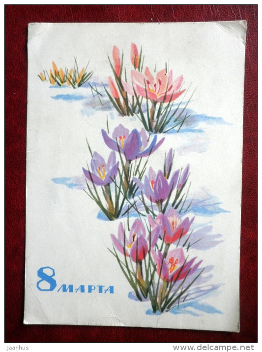 8 March Greeting Card - by N. Kirpicheva - crocus - flowers - 1966 - Russia USSR - used - JH Postcards