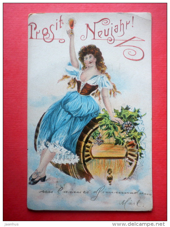 new year greeting card - Prosit Neujahr - woman - wine barrel - circulated in Imperial Russia Estonia Reval railway 1913 - JH Postcards