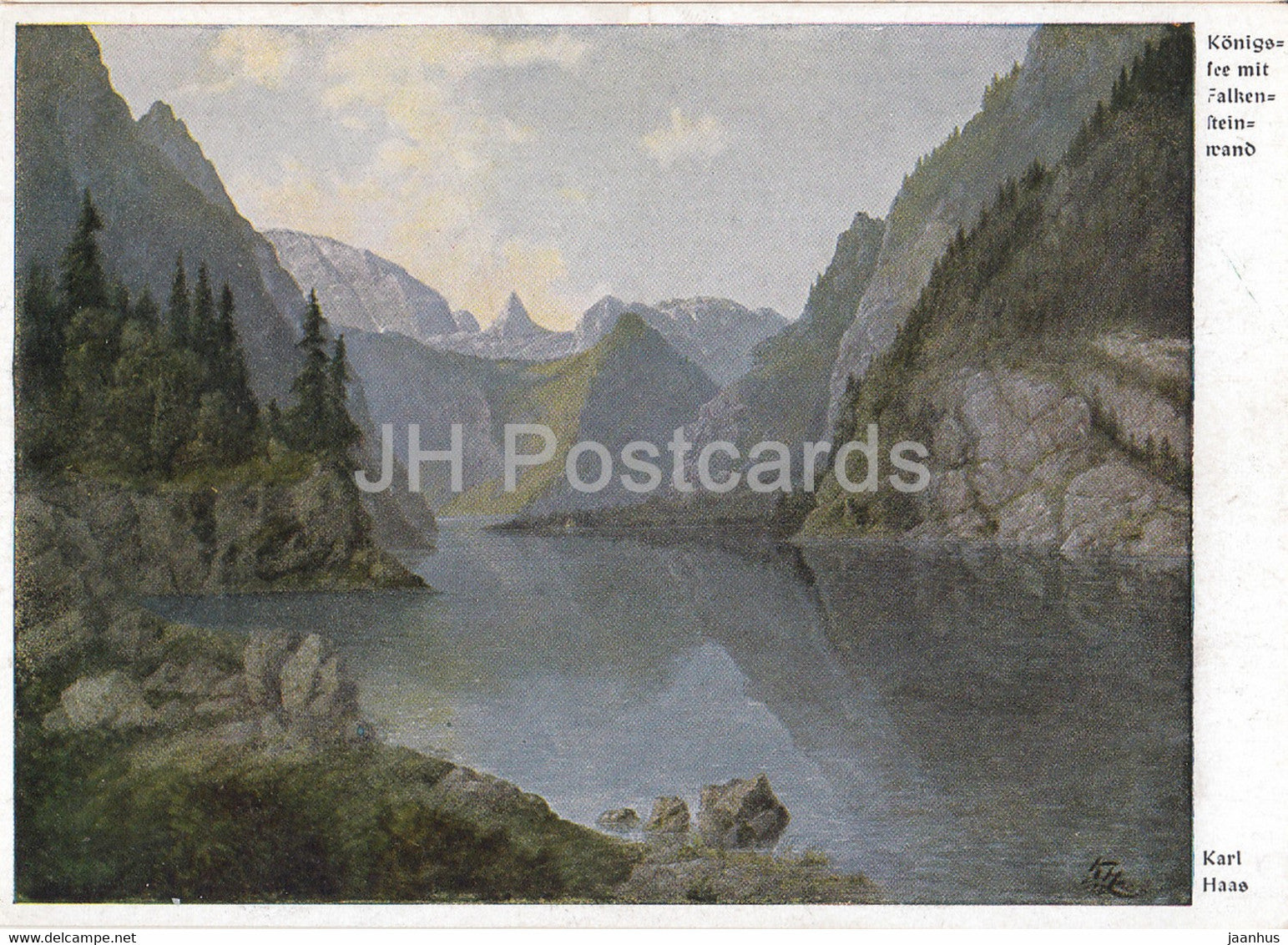 painting by Karl Haas - Konigssee mit Falkensteinwand - German art - 7447 - old postcard - Germany - unused - JH Postcards