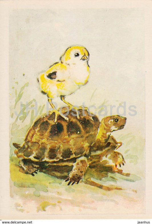 illustration by L. Gamburger - tortoise - chick - animals - Postcards for Children - 1984 - Russia USSR - unused - JH Postcards