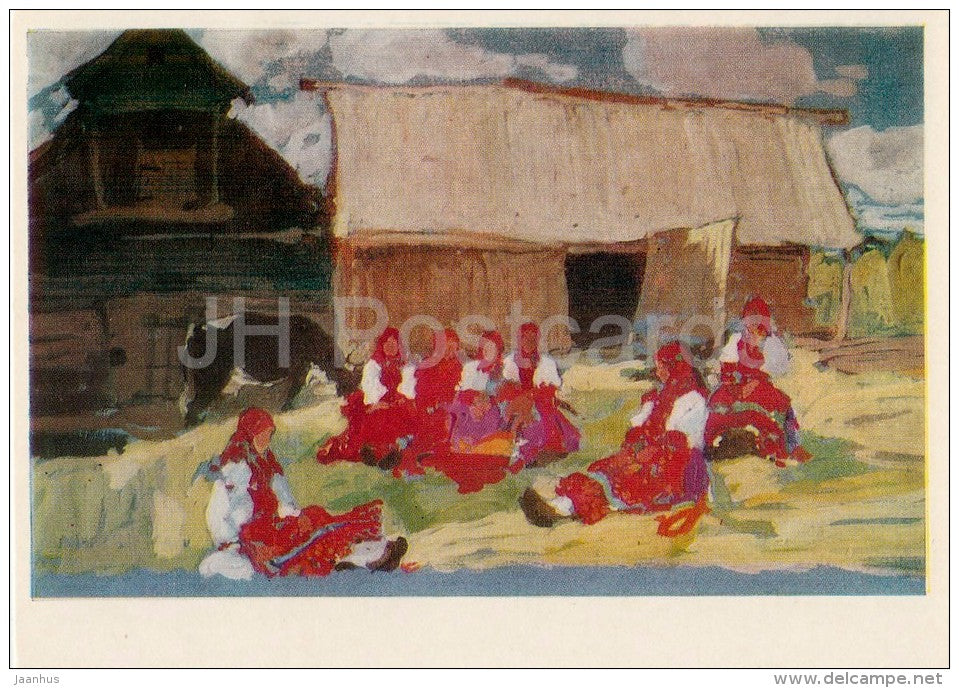 painting by A. Kravchenko - Girls in Red , 1913 - Russian art - 1977 - Russia USSR - unused - JH Postcards