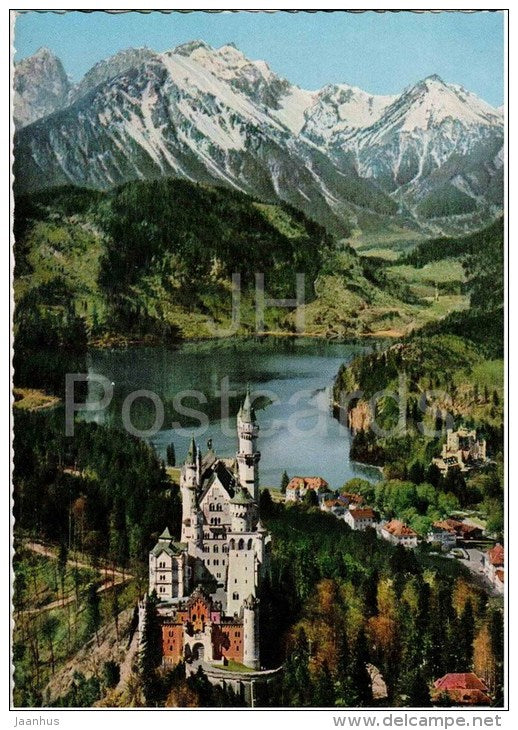 Königsschlösser Neuschwanstein und Hohenschwangau mit Alpensee und Tiroler Bergen - Germany - 1966 gelaufen - JH Postcards