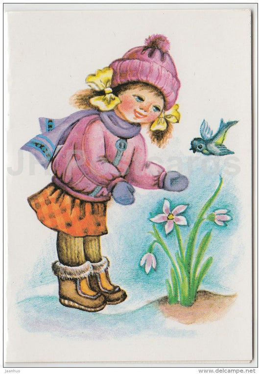 8 March International Women's Day mini greeting card by L. Voronkova - girl - bird - 1988 - Russia USSR - unused - JH Postcards