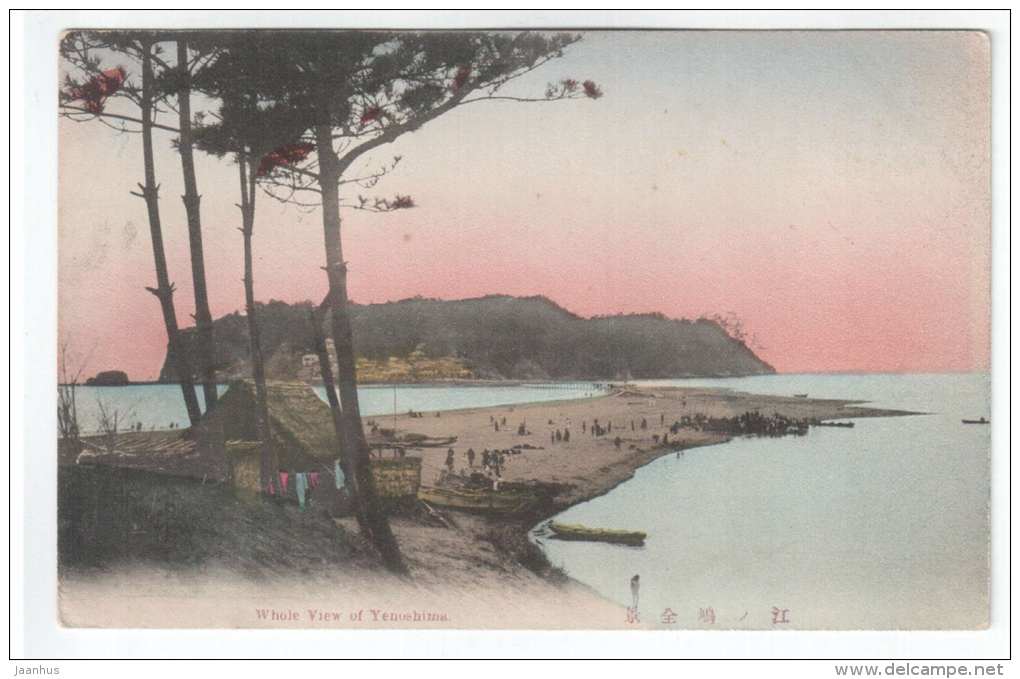 Whole view of Yenoshima - boat - coast - old postcard - Japan - used - JH Postcards