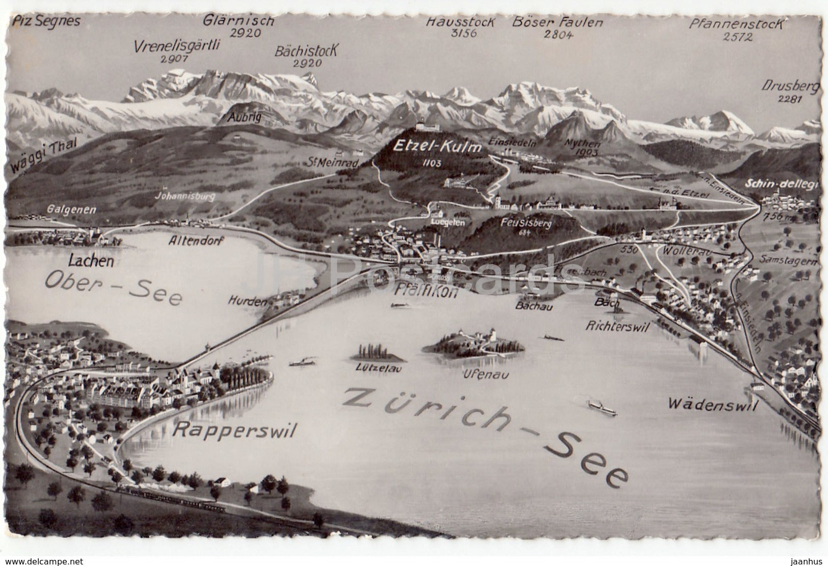 Zurich-see - Ober-see - Rapperswil - Wadenswil - Pfaffikon - map - 1 - 4430 - Switzerland - old postcard - unused - JH Postcards