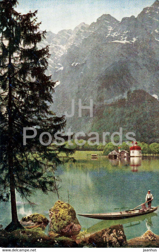 Berchtesgaden - Konigssee mit St Batholoma - boat - 1055 - old postcard - Germany - unused - JH Postcards