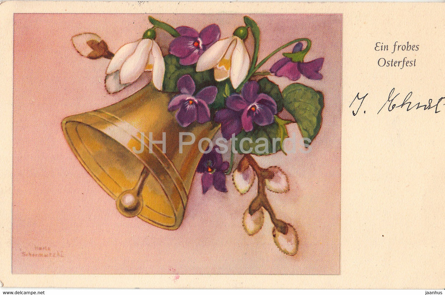 Easter Greeting Card - Ein Frohes Osterfest - bell - flowers - 825 - old postcard - 1951 - Germany - used - JH Postcards