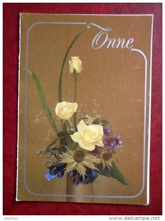 Greeting Card - yellow roses - vase- flowers - Estonia USSR - used - JH Postcards