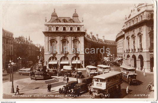 London - Piccadilly Circus and Eros Statue - car - bus - 624 - old postcard - 1934 - England - United Kingdom - used - JH Postcards