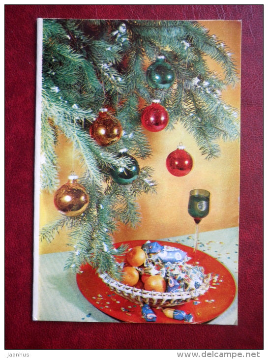 New Year greeting card - decorations - orange - candys - 1970 - Russia USSR - used - JH Postcards