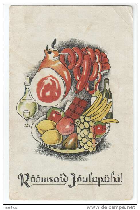 Christmas Greeting Card - sausage - bananas - lemon - chocholate - old postcard - circulated in Estonia 1942 - used - JH Postcards