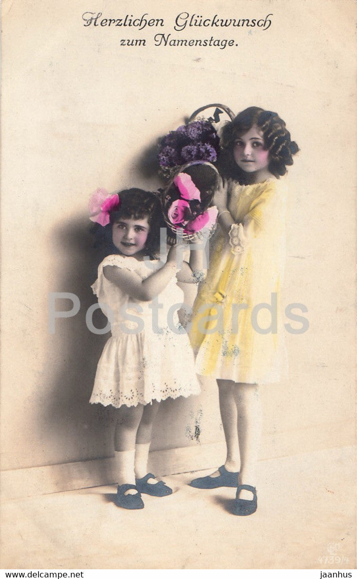 Greeting Card - Herzlichen Gluckwunsch zum Namenstage - girls - 4739/4 - old postcard - 1916 - Germany - used - JH Postcards