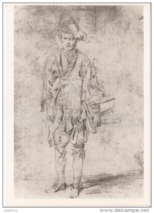 drawing by Antoine Watteau - Shoeshine - french art - unused - JH Postcards