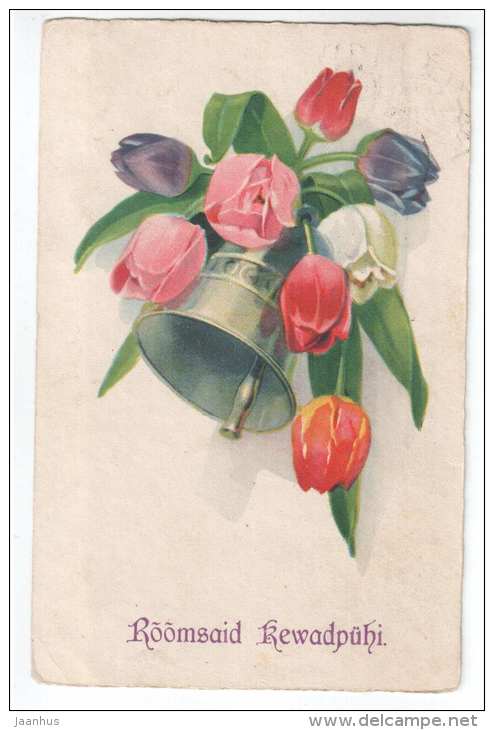 Easter Greeting Card - flowers - bell - L&P 3813/1 - old postcard - circulated in Estonia 1932 Tallinn - used - JH Postcards