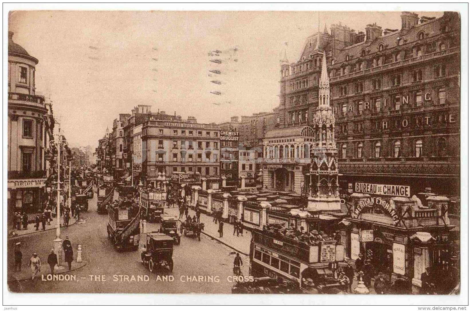 The Strand and Charing Cross - London - England - old cars - sent from England Kensington to Estonia Tallinn 1927 - JH Postcards