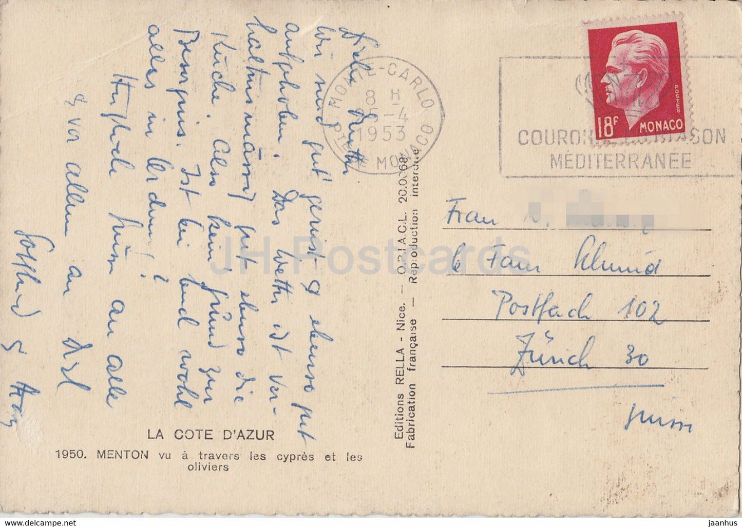 Menton - vu a travers les cypres et les oliviers - cyprès et oliviers - carte postale ancienne - 1953 - France - occasion