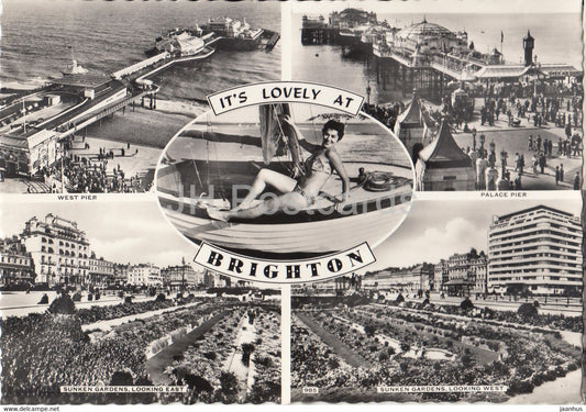 It's Lovely at Brighton - West Pier - Palace Pier - Sunken Gardens - bikini - England - United Kingdom - unused - JH Postcards