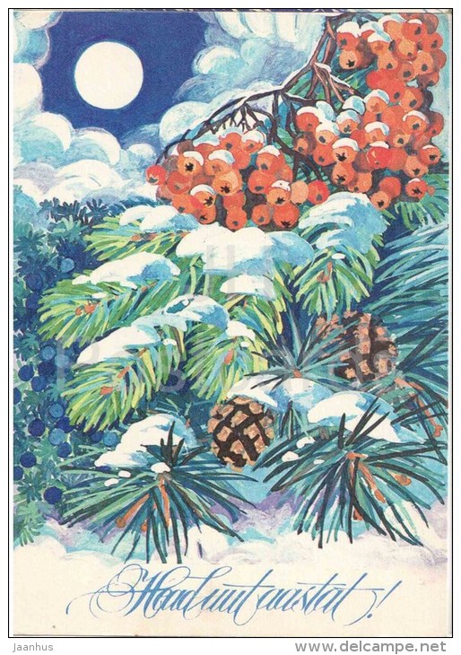 New Year Greeting card by M. Peil - rowan berries, juniper berries - 1978 - Estonia USSR - used - JH Postcards