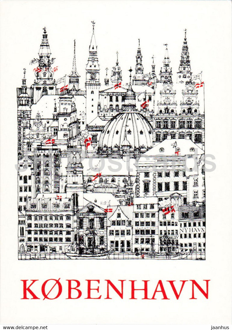 Copenhagen - city view - illustration - Denmark - unused - JH Postcards