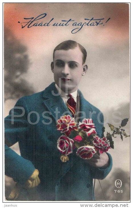 man - rose - flowers - 765 - old postcard - unused - JH Postcards