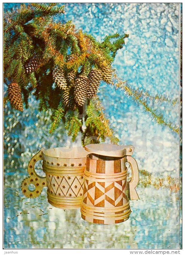 New Year Greeting card - 1 - beer mugs - fir cones - 1980 - Estonia USSR - used - JH Postcards