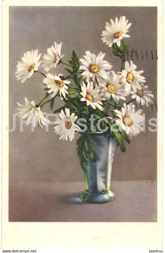 daisies in a vase - flowers - old postcard - 1935 - used - JH Postcards