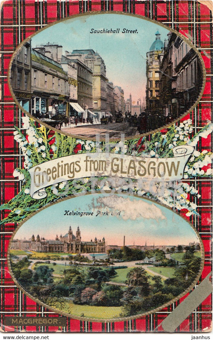 Greetings from Glasgow - Sauchiehall street - Kelvingrove Park - old postcard - 1914 - Scotland - United Kingdom - used - JH Postcards