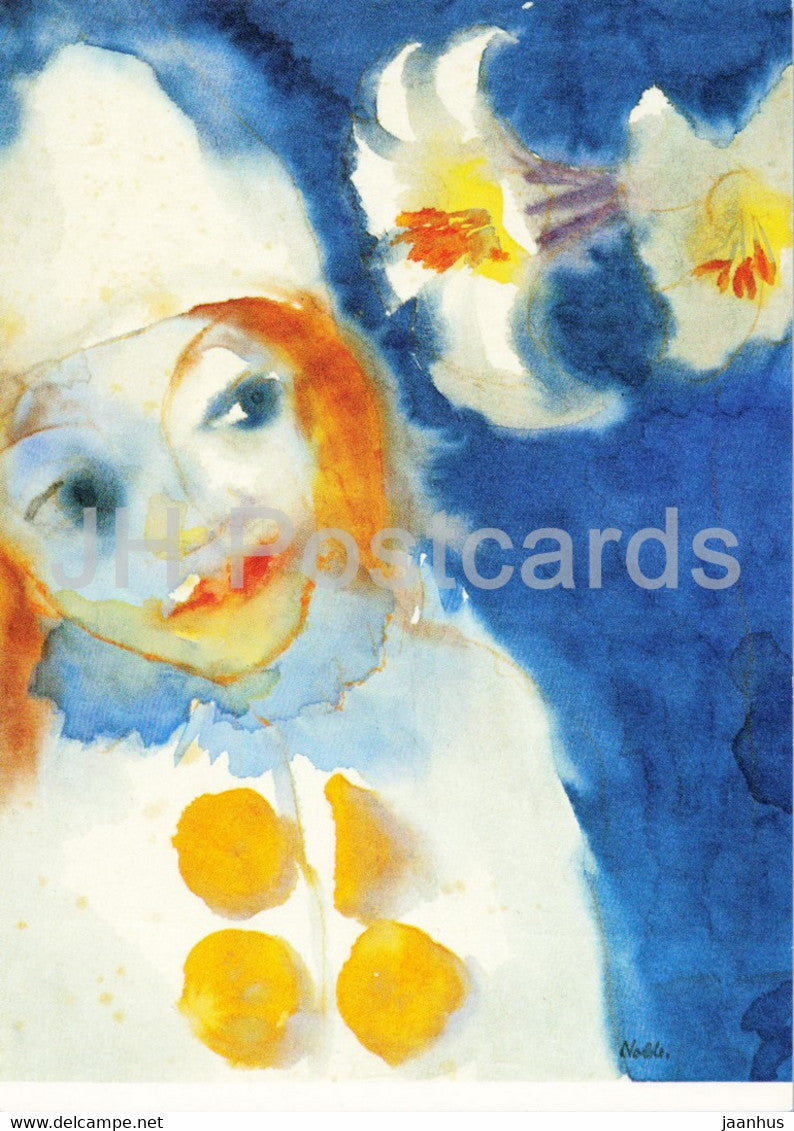 painting by Emil Nolde - Pierrot und Weisse Lilien - German art - Germany - unused - JH Postcards