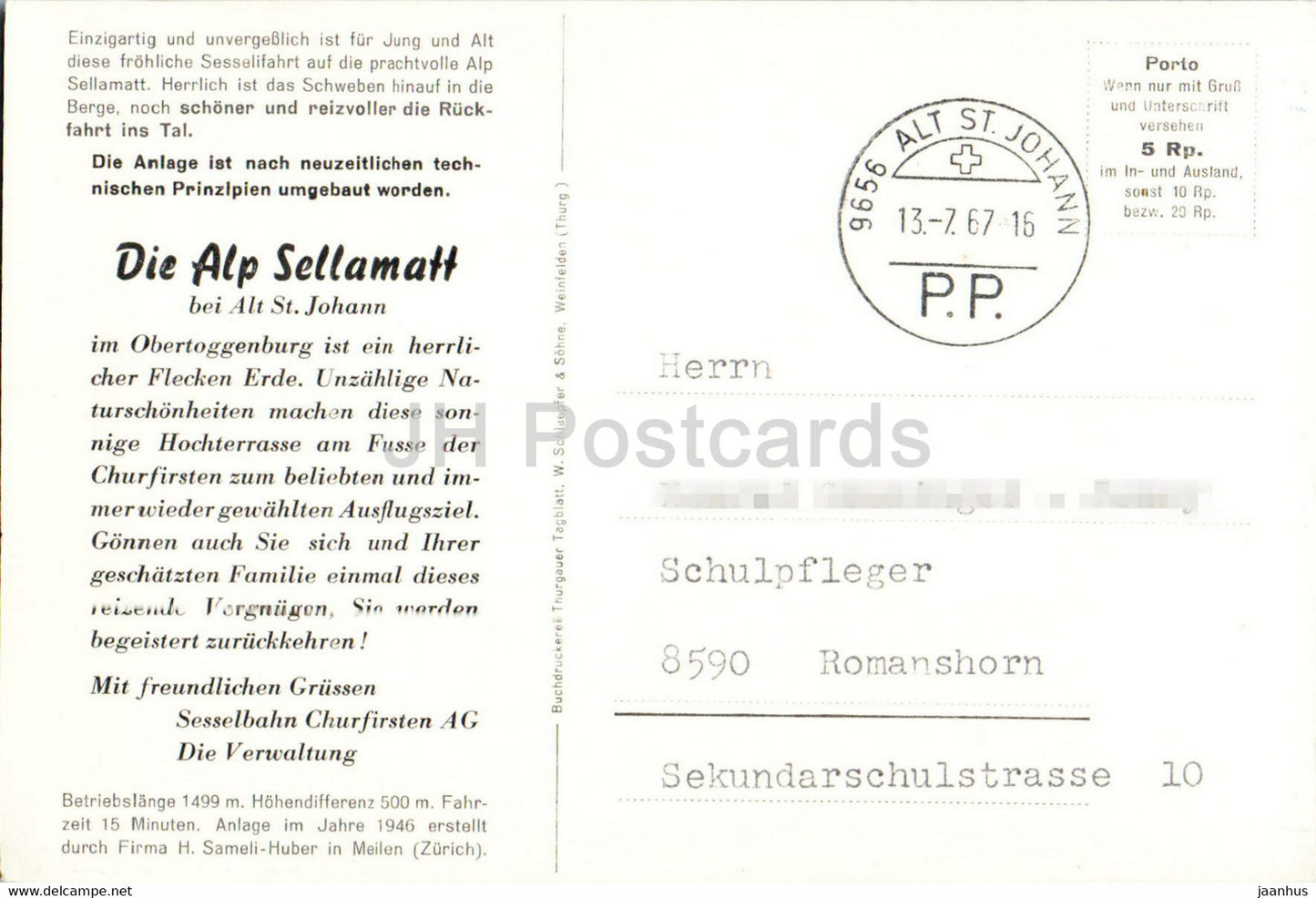 Sessellift - Alt St Johann - Alp Sellamatt - Obertoggenburg - 1967 - Schweiz - gebraucht