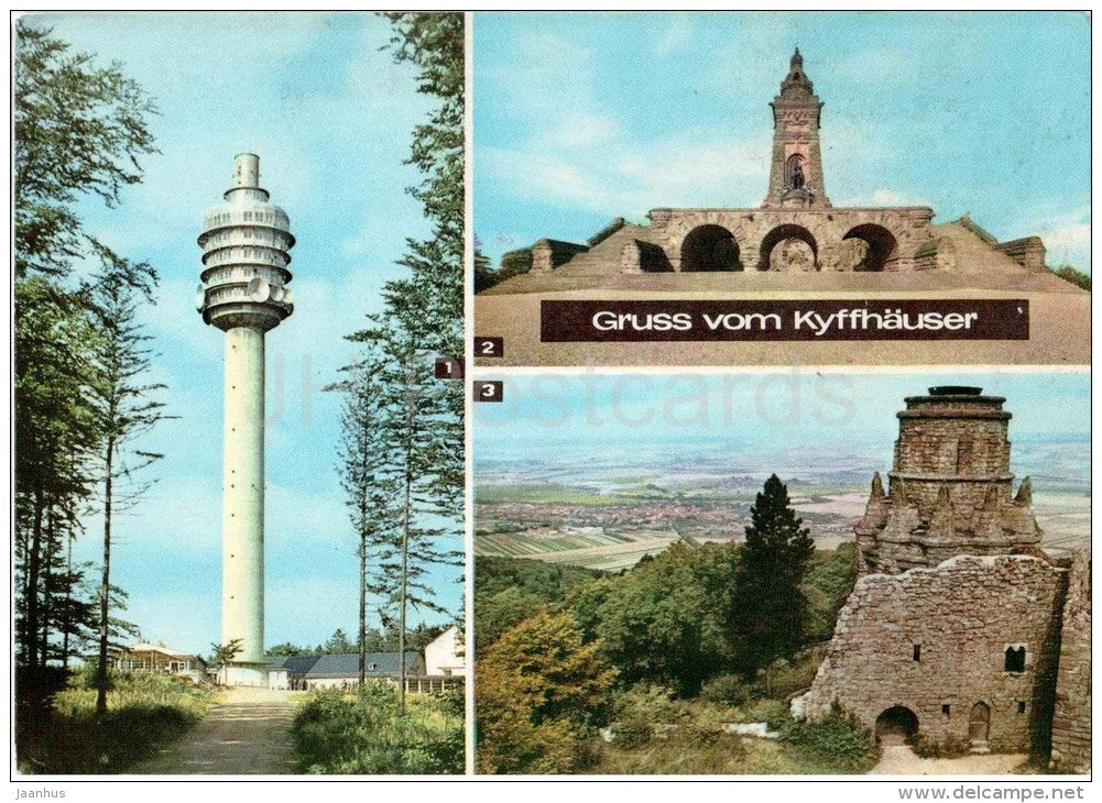 Gruss vom Kyffhäuser - Fernsehturm auf dem Kulpenberg - Denkmal - Ruine Rothenburg - TV tower - Germany - 1973 gelaufen - JH Postcards