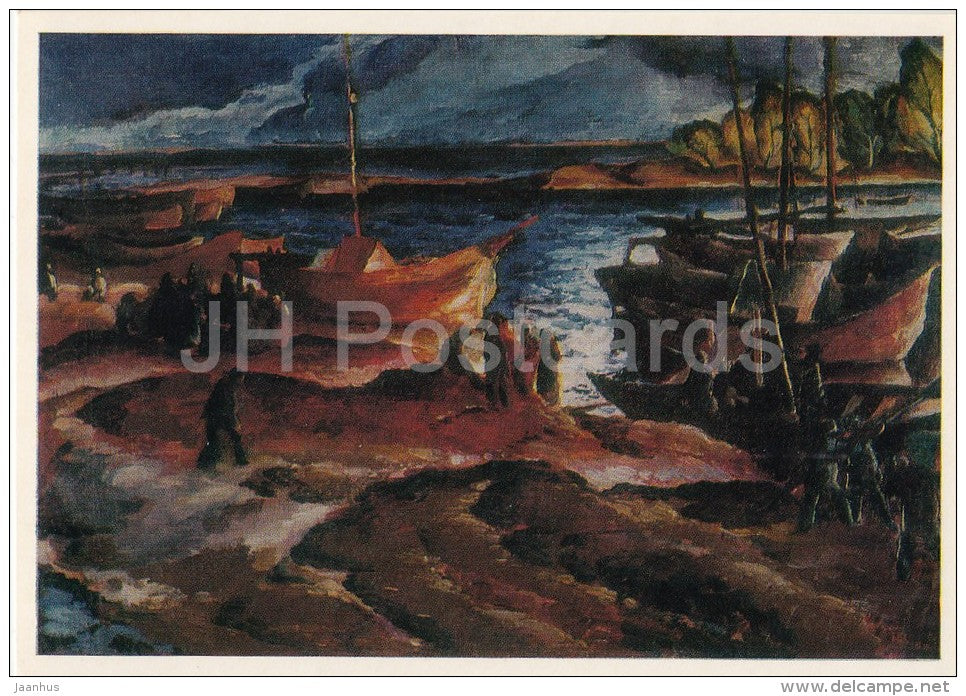 painting by A. Kravchenko - Fisher Boats on Volga river , 1920 - Russian art - 1977 - Russia USSR - unused - JH Postcards