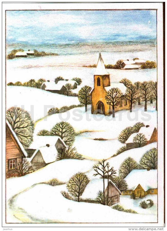 New Year Greeting card by Anne Arus - illustration - town view - church - 1990 - Estonia USSR - used - JH Postcards