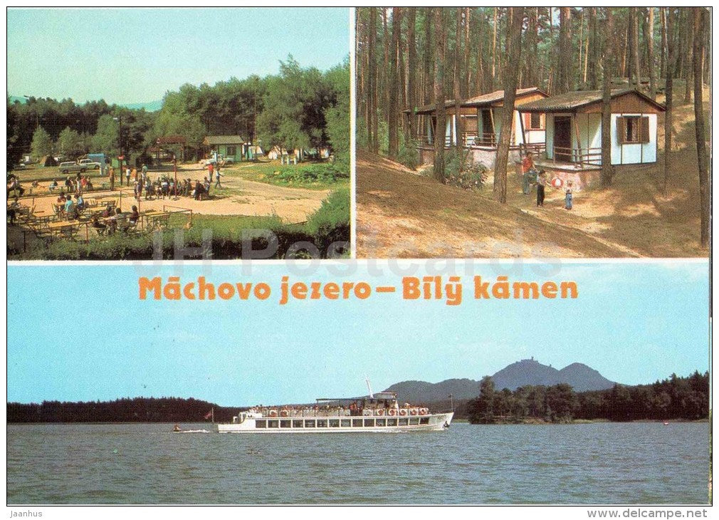 Machovo Jezero - The Bily Kamen (White Stone) log-cabin and tent camp - passenger boat - Czechoslovakia - Czech - unused - JH Postcards