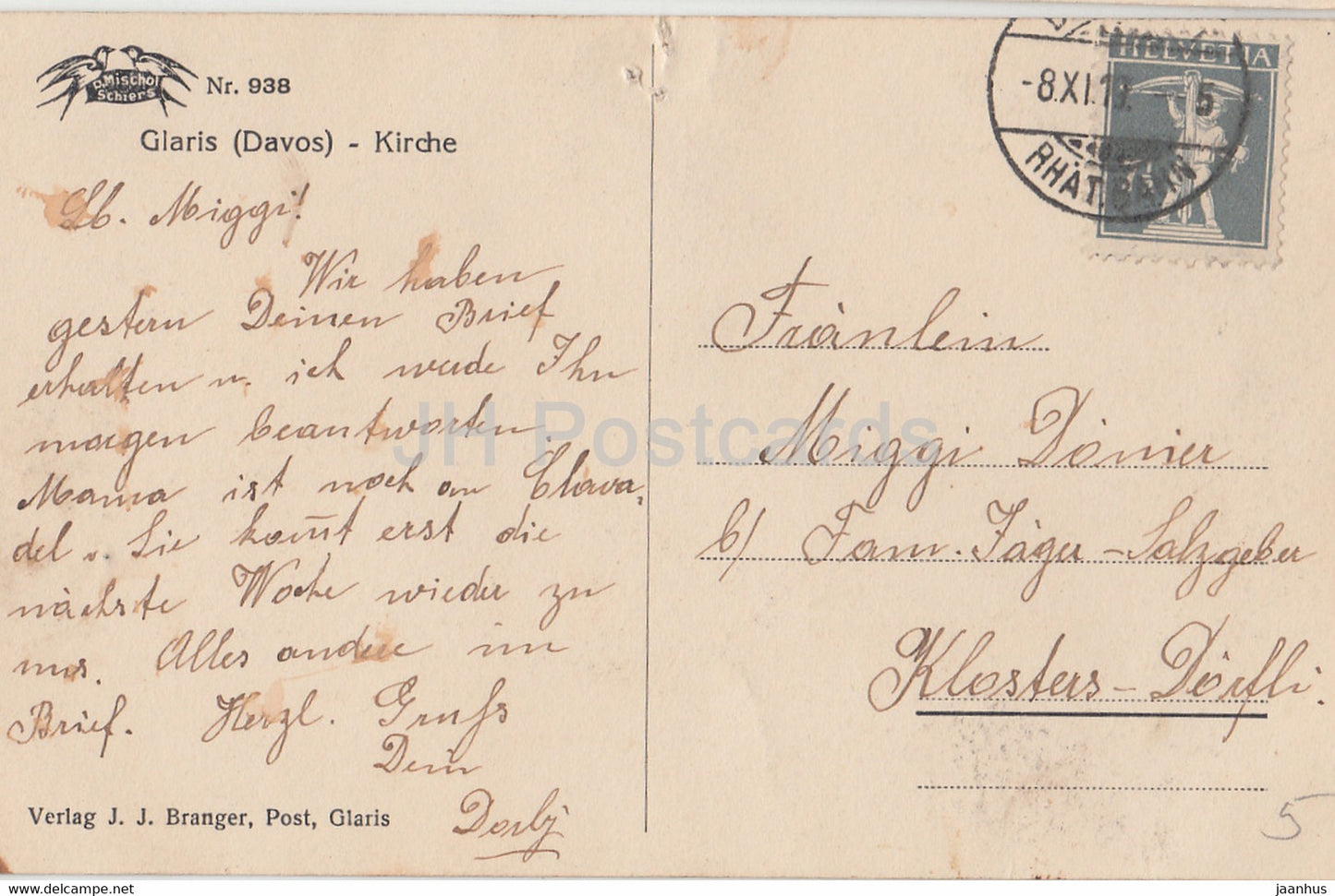 Glaris Davos - Kirche - church - 938 - old postcard - 1919 -  Switzerland - used