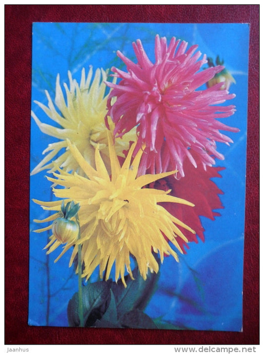 Greeting Card - yellow and red flowers - flowers - 1983 - Russia USSR - used - JH Postcards