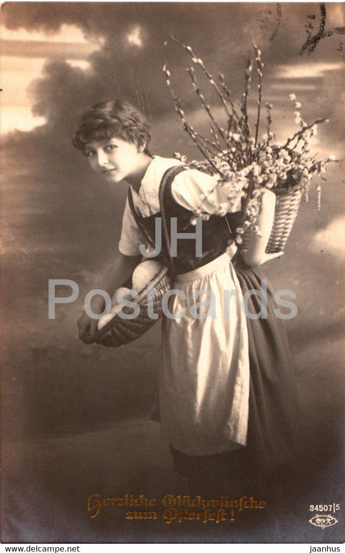 Easter Greeting Card - Herzliche Gluckwunsche zum Osterfest - girl - BNK 34507/5 - old postcard - 1918 - Germany - used - JH Postcards