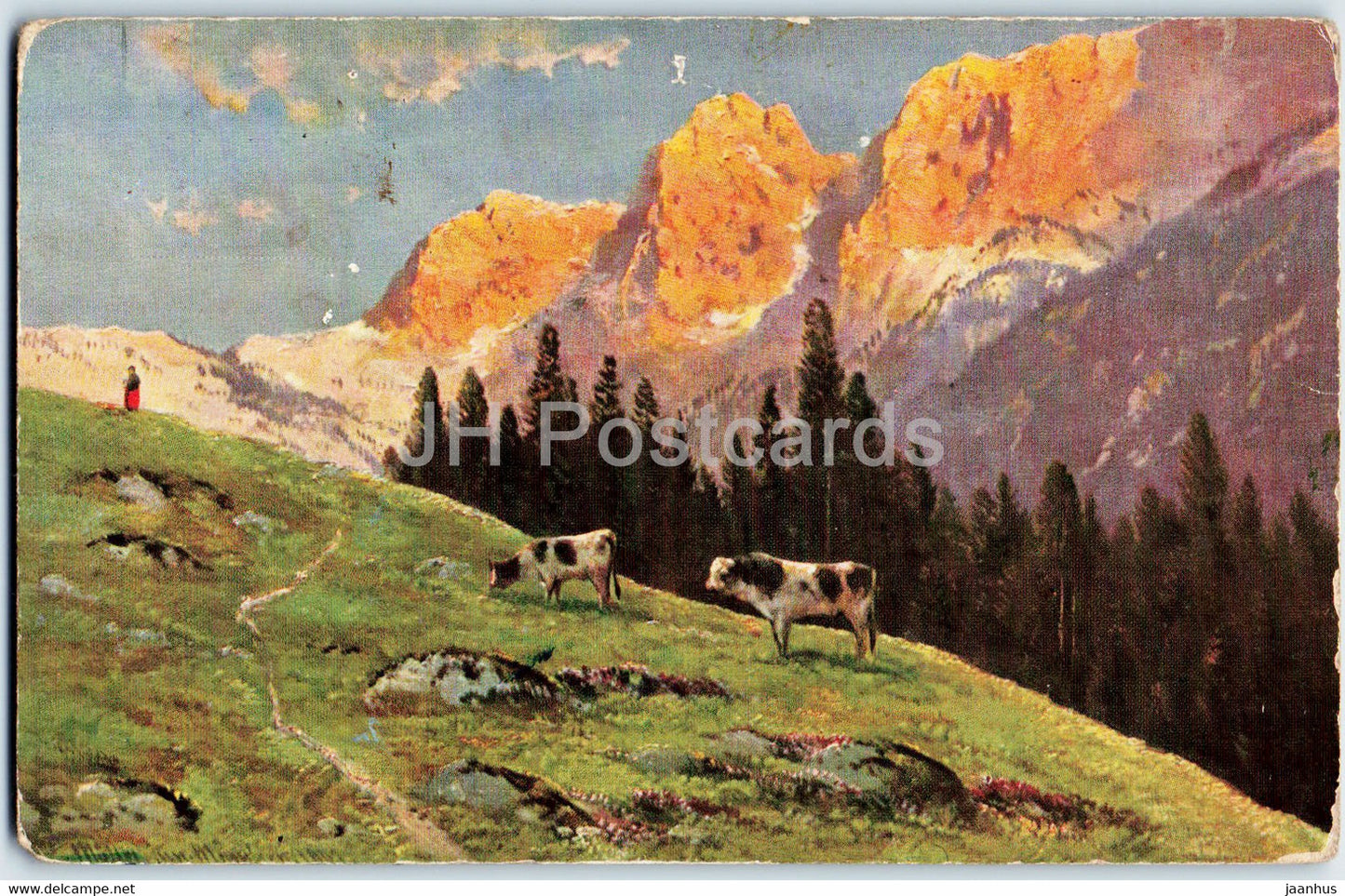 Kaisergebirge - cow - illustration - Erika Nr 3830 - old postcard - Austria - unused - JH Postcards