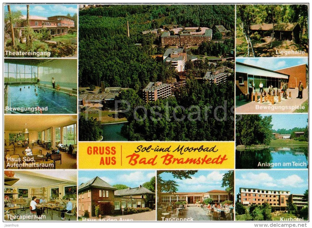 Gruss aus Sol- und Moorbad Bad Bramstedt - Theatereingang - Therapieraum - Tanneneck - Germany - 1986 gelaufen - JH Postcards