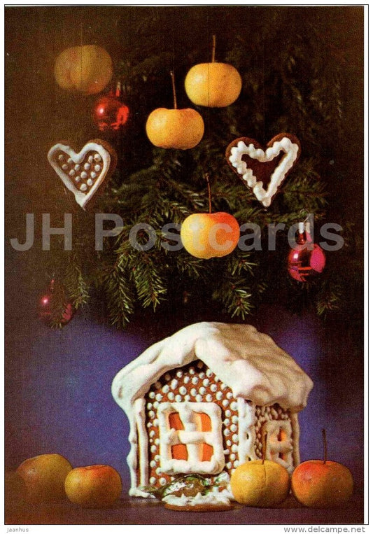 New Year Greeting card - gingerbread house - decorations - apples - 1987 - Estonia USSR - used - JH Postcards